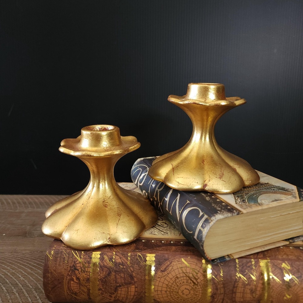 Freeman McFarlin MCM Gold Leaf Ceramic Candle Holders Set of 2